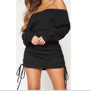 Pretty little thing black Bardot Ruched side dress